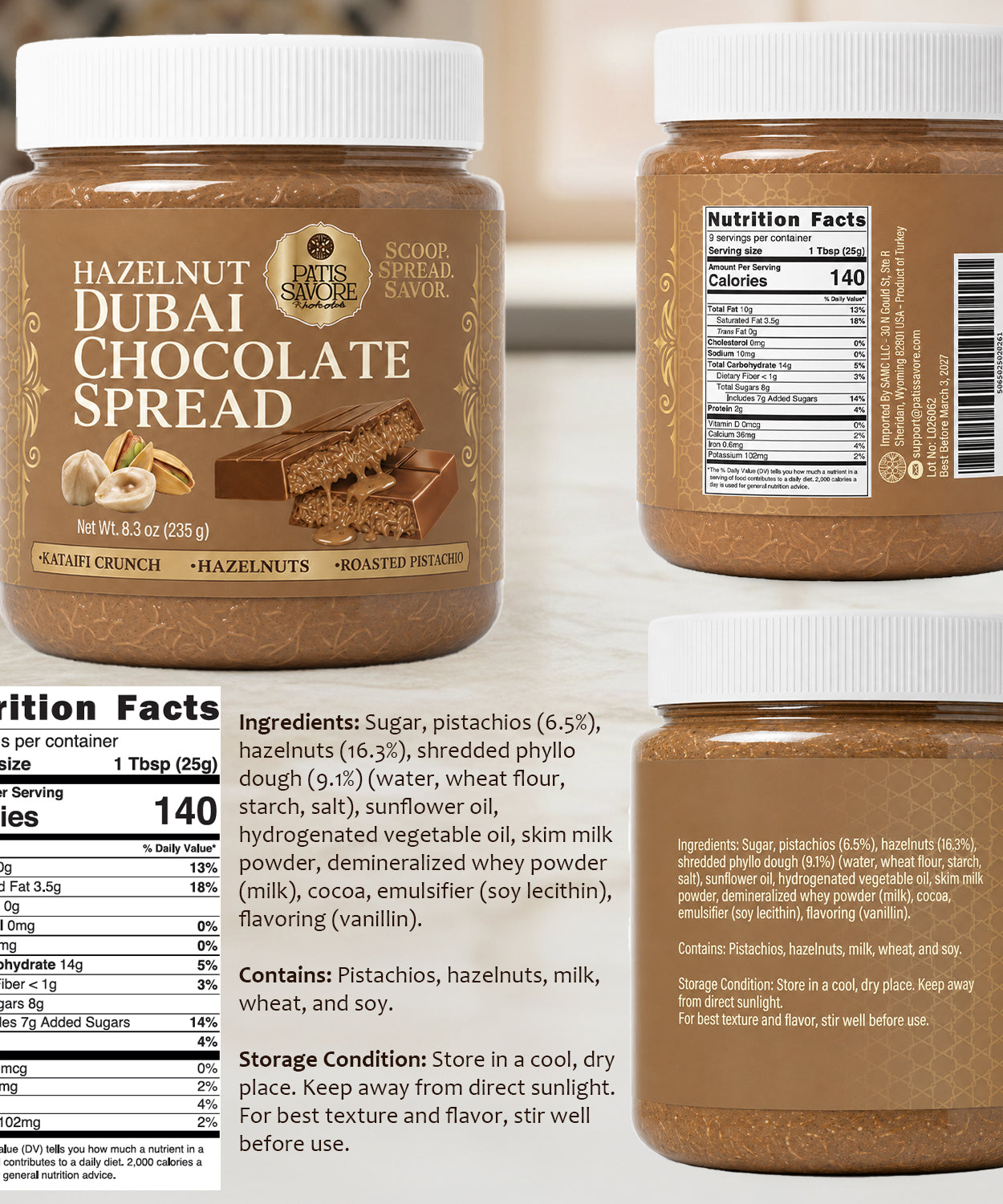 Dubai Chocolate Spread with Crunchy Hazelnut Pieces, 8.3 oz