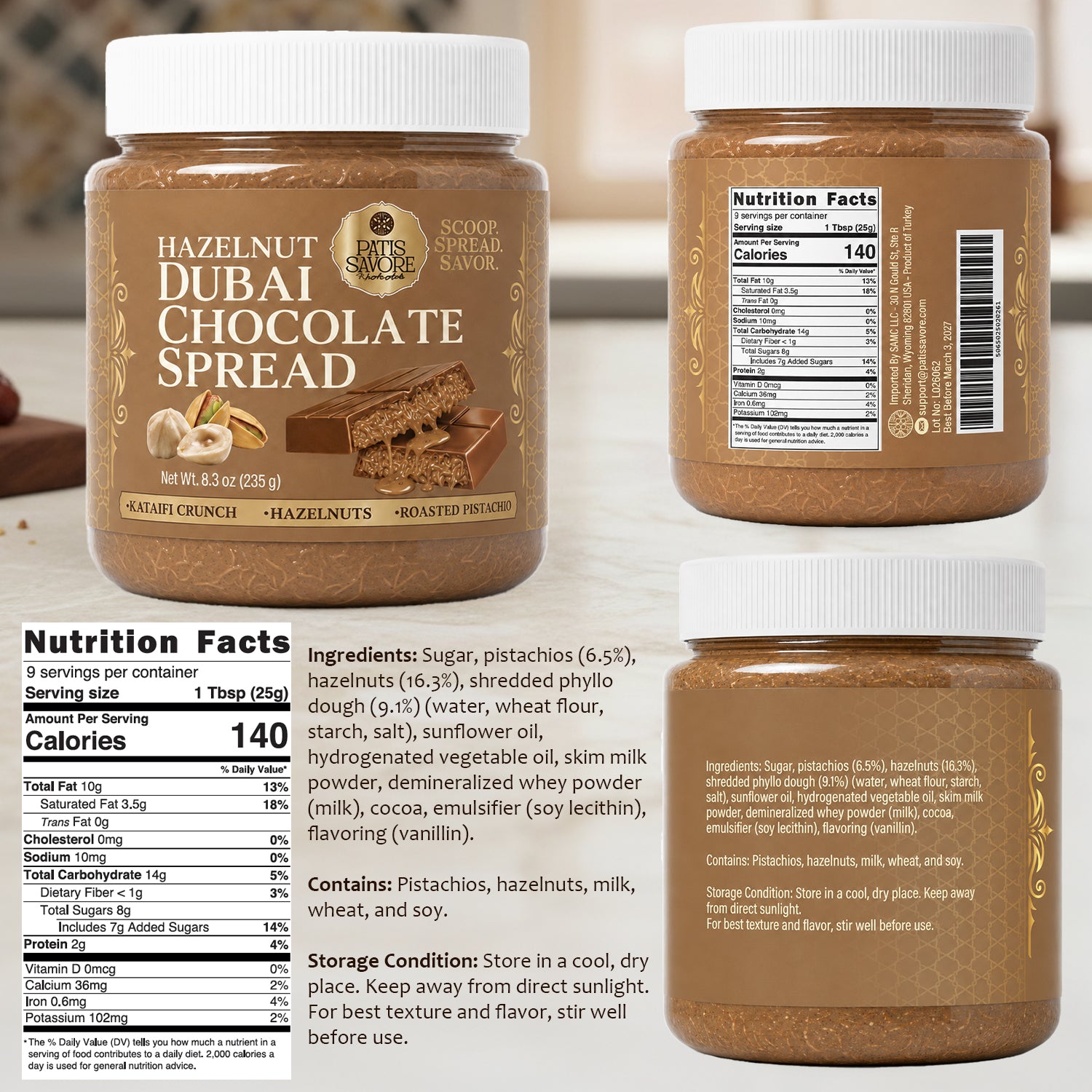 Dubai Chocolate Spread with Crunchy Hazelnut Pieces, 8.3 oz