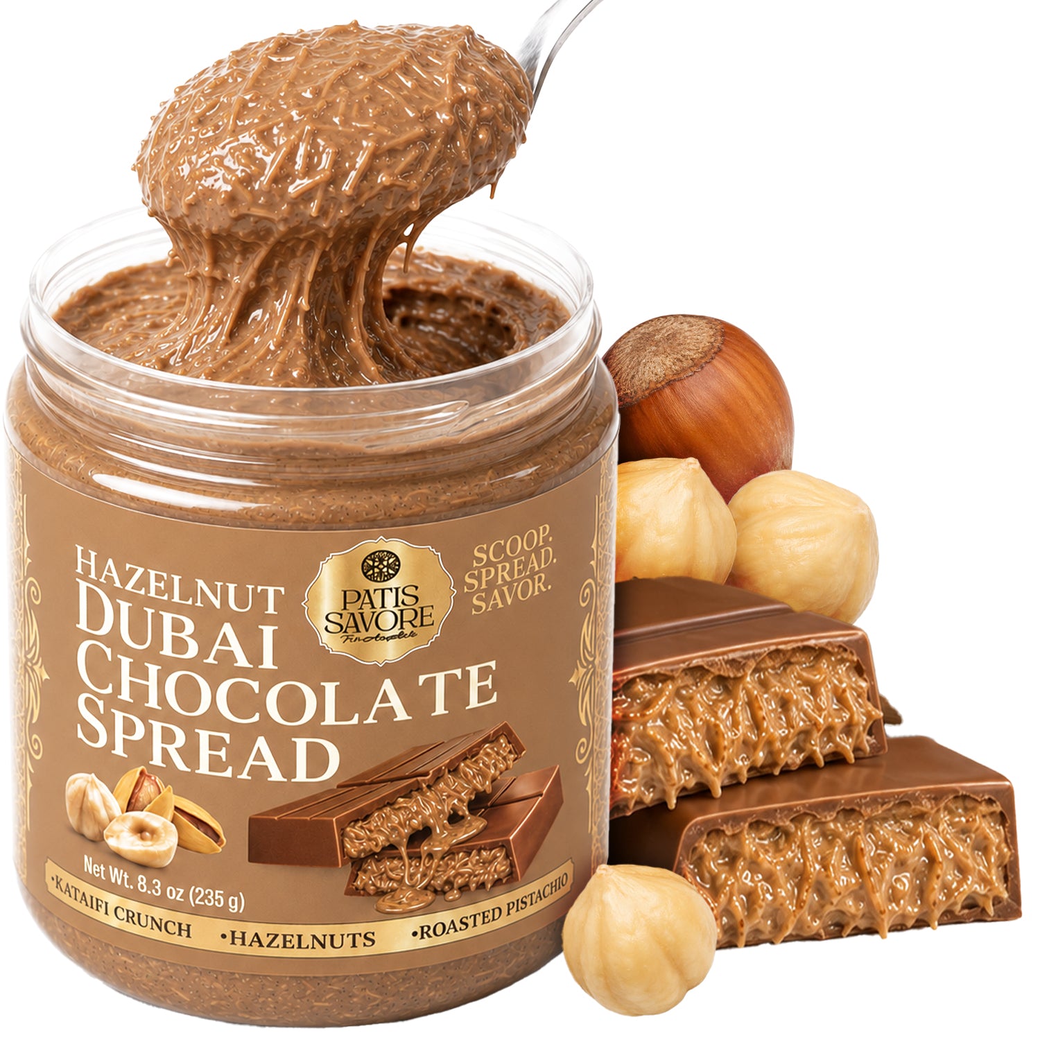 Dubai Chocolate Spread with Crunchy Hazelnut Pieces, 8.3 oz