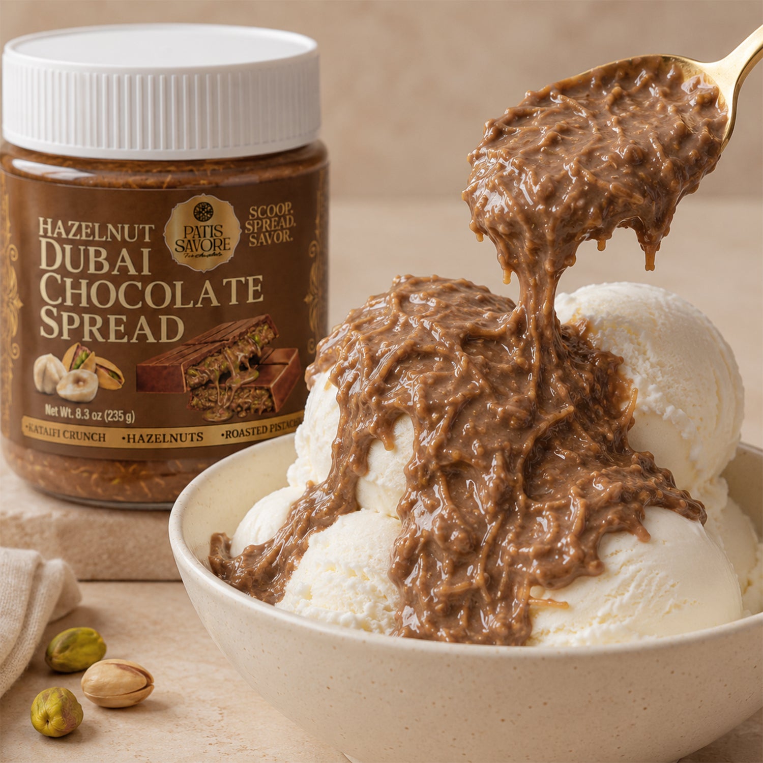 Dubai Chocolate Spread with Crunchy Hazelnut Pieces, 8.3 oz