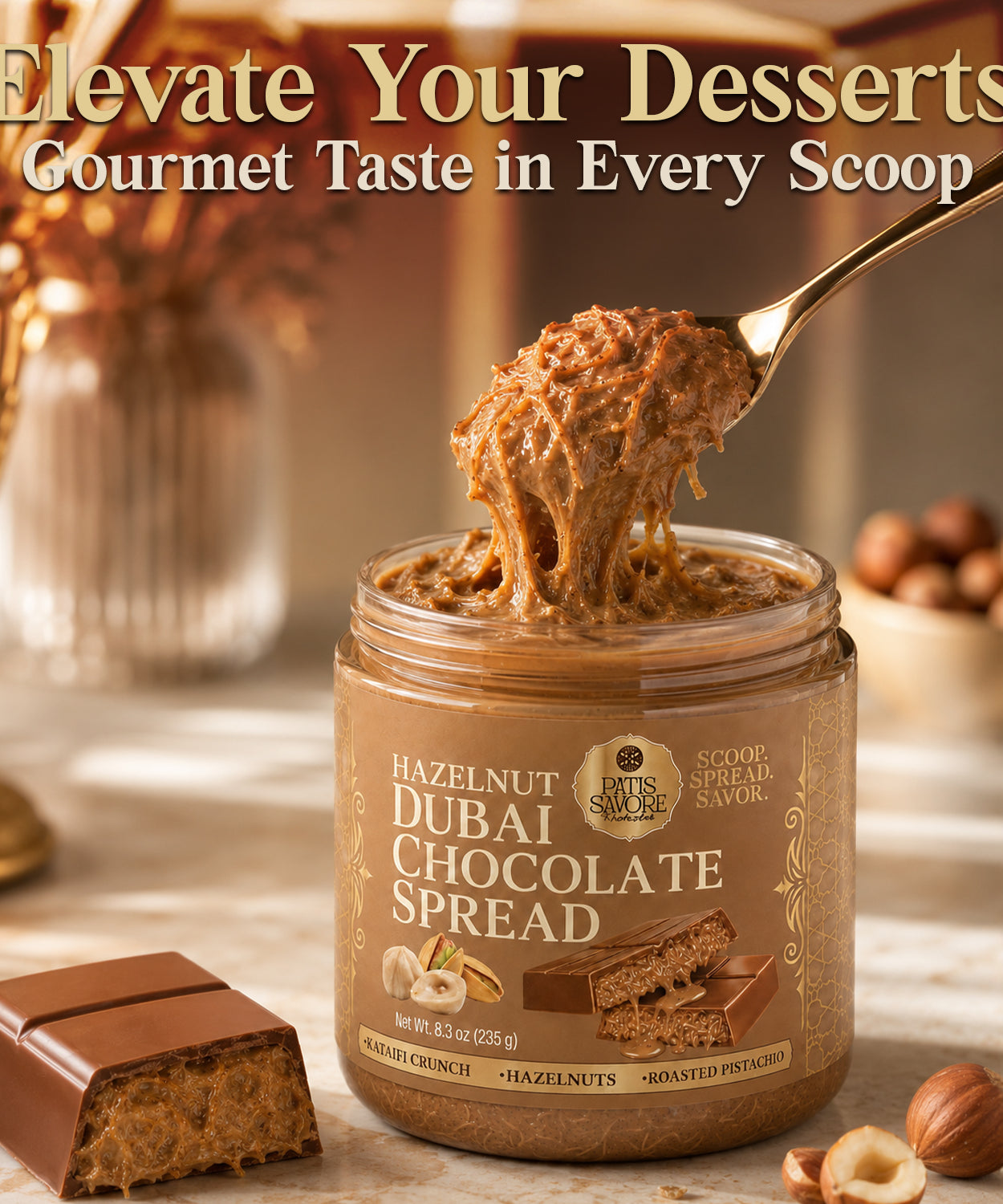 Dubai Chocolate Spread with Crunchy Hazelnut Pieces, 8.3 oz