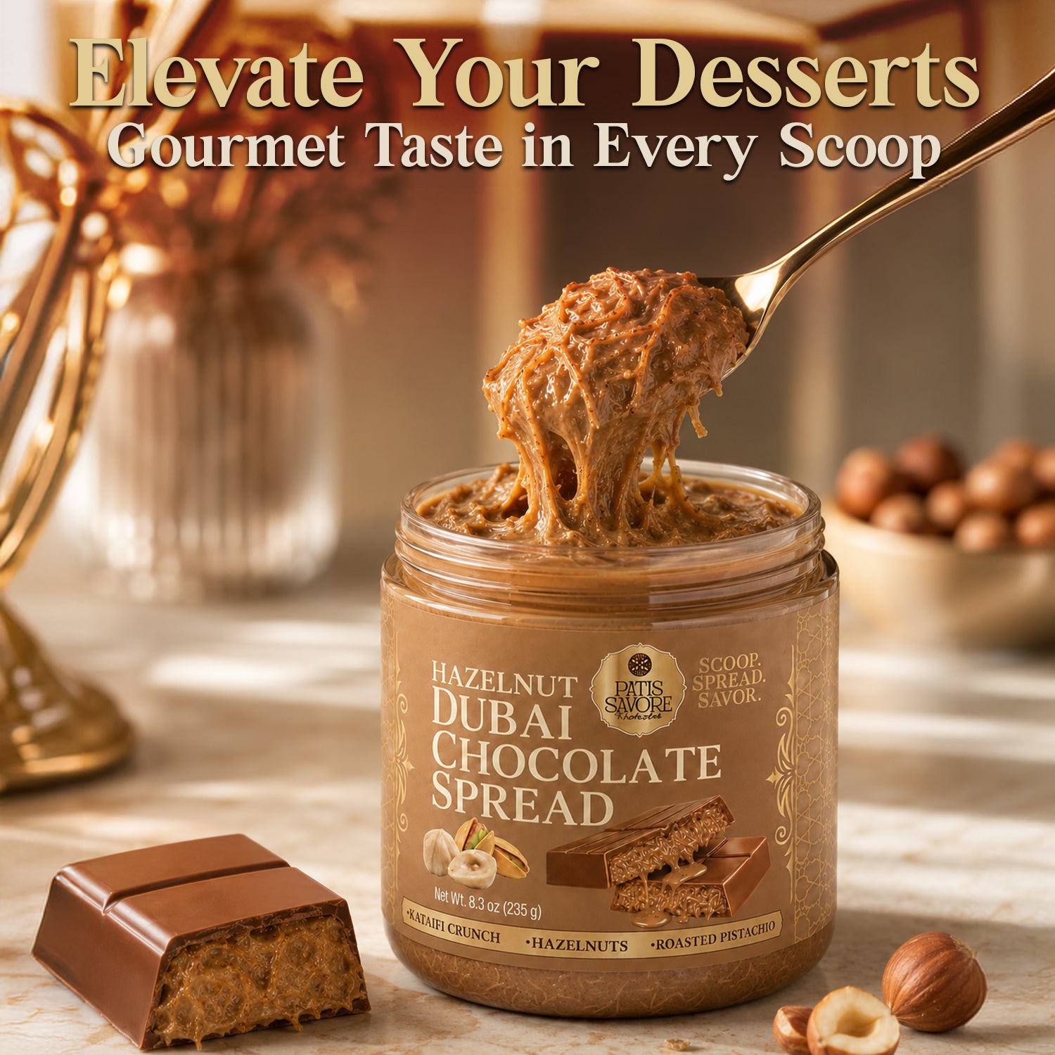 Dubai Chocolate Spread with Crunchy Hazelnut Pieces, 8.3 oz