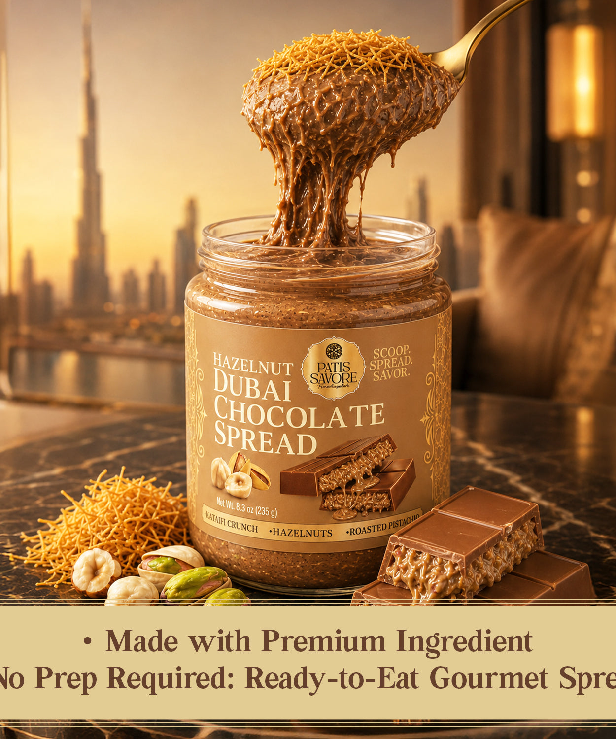 Dubai Chocolate Spread with Crunchy Hazelnut Pieces, 8.3 oz