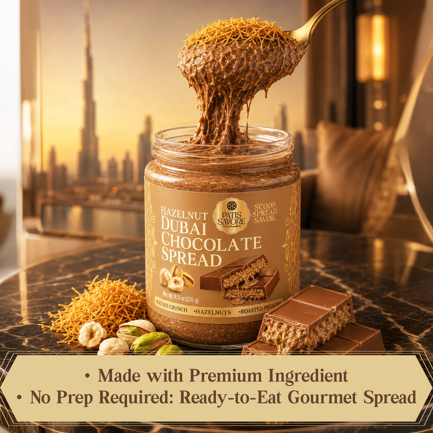 Dubai Chocolate Spread with Crunchy Hazelnut Pieces, 8.3 oz
