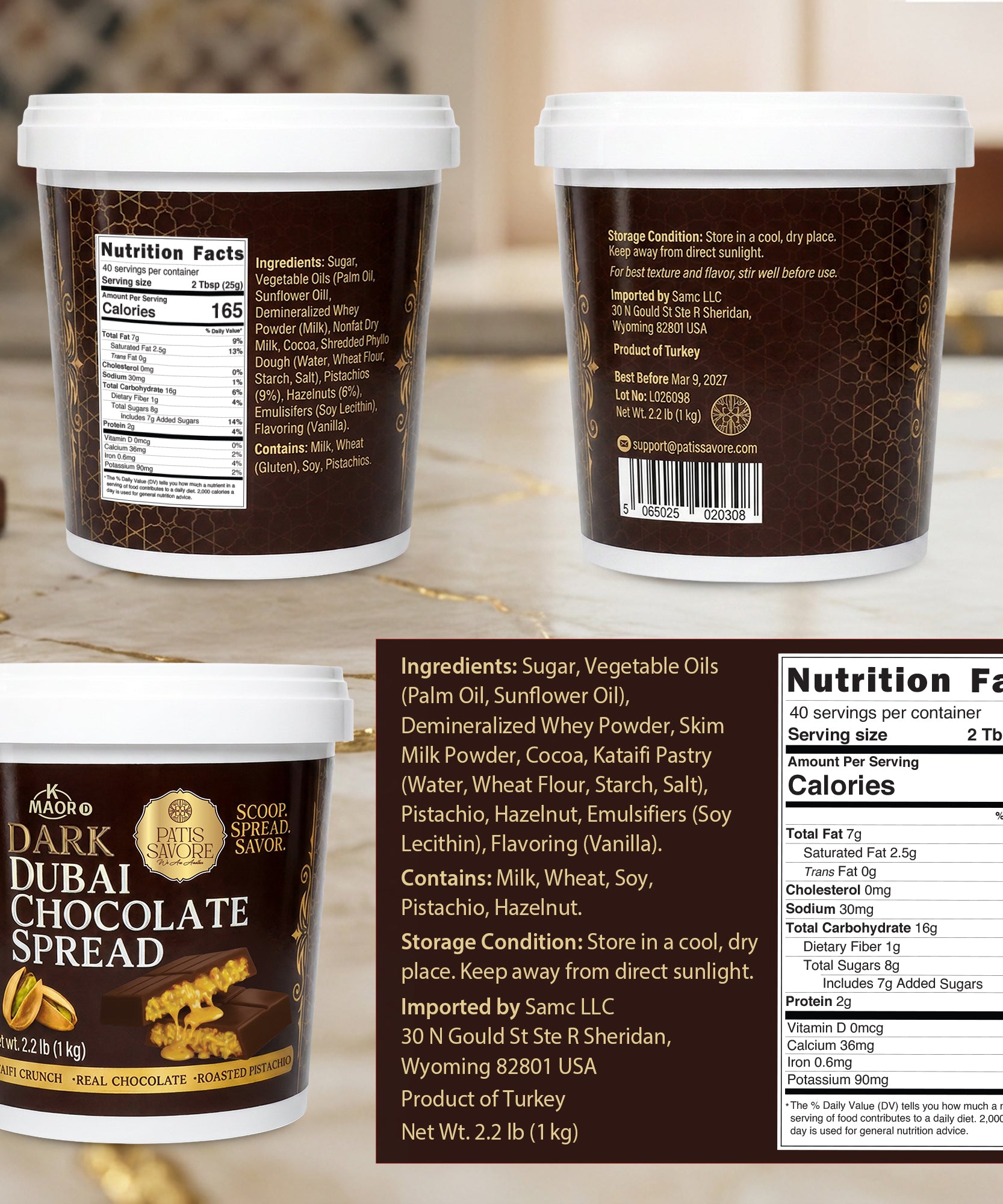 Dark Dubai Chocolate Spread with Pistachio & Kataifi - 2.2 lb Kosher Certified