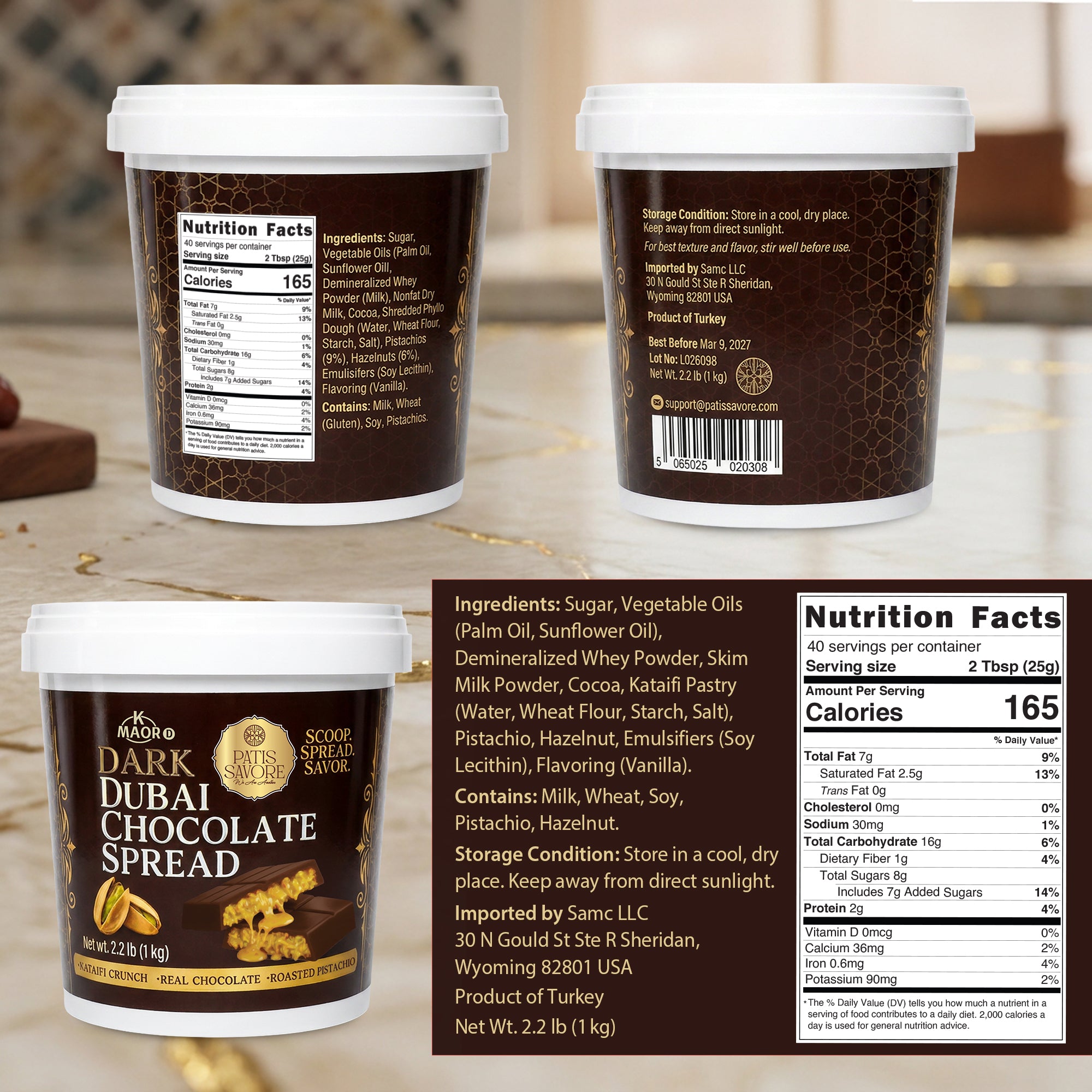 Dark Dubai Chocolate Spread with Pistachio & Kataifi - 2.2 lb Kosher Certified