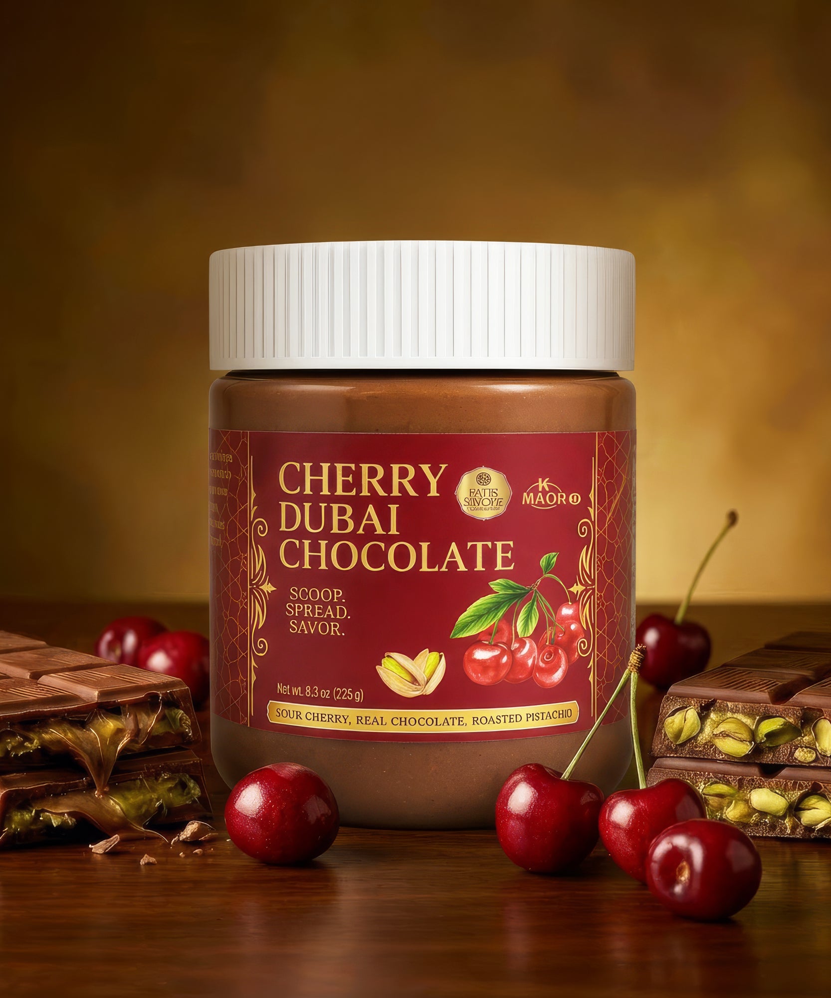 Sour Cherry Dubai Chocolate Spread - Thick Texture 8.3 oz