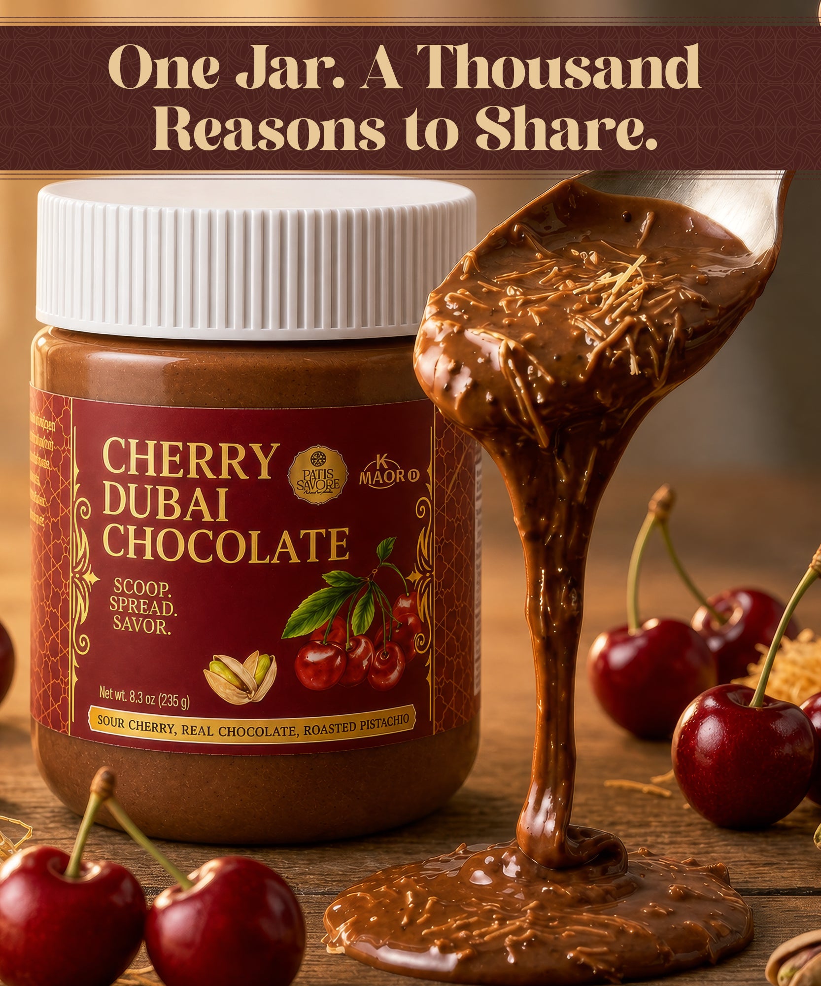 Sour Cherry Dubai Chocolate Spread - Thick Texture 8.3 oz