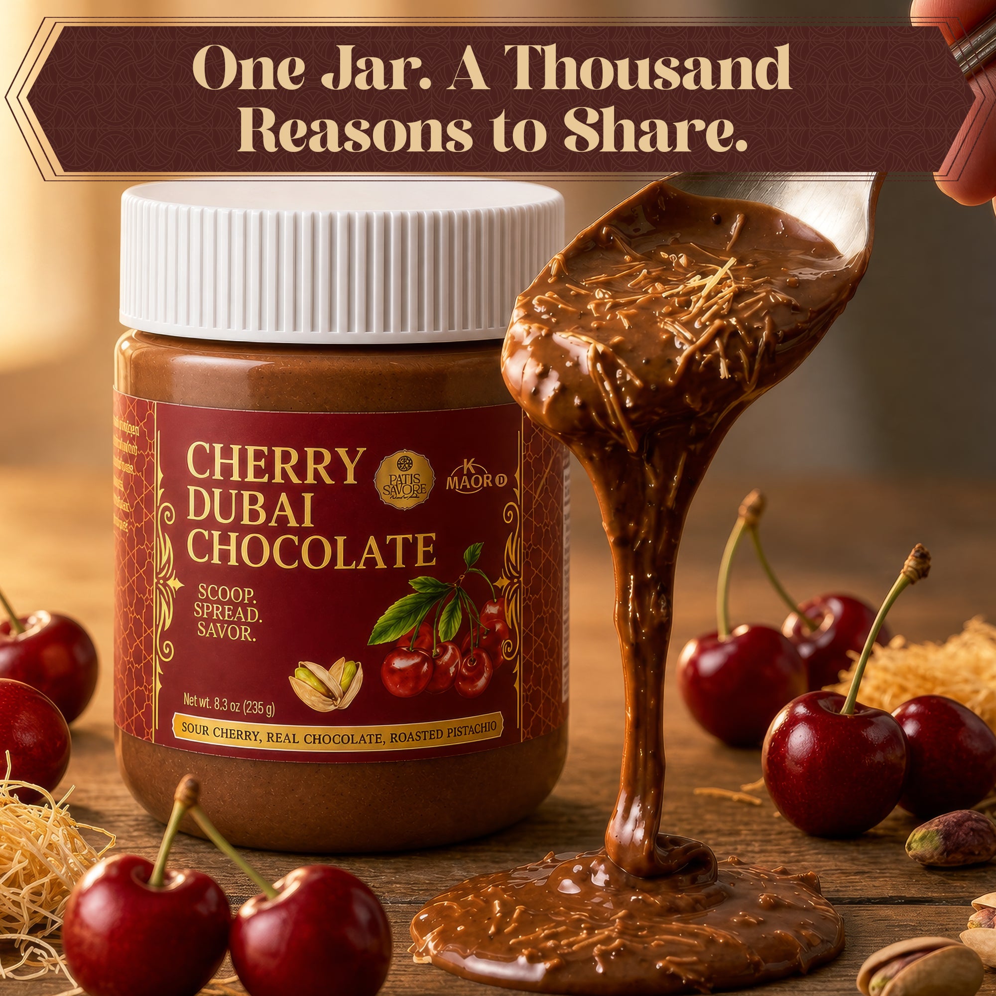 Sour Cherry Dubai Chocolate Spread - Thick Texture 8.3 oz