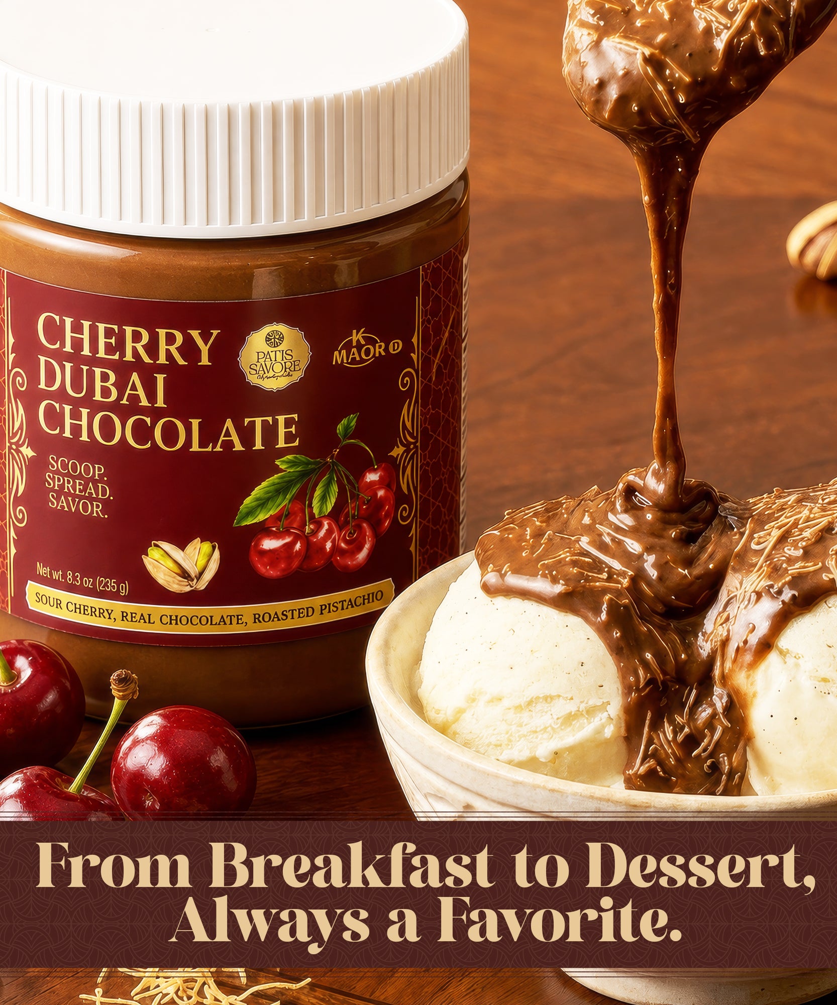 Sour Cherry Dubai Chocolate Spread - Thick Texture 8.3 oz
