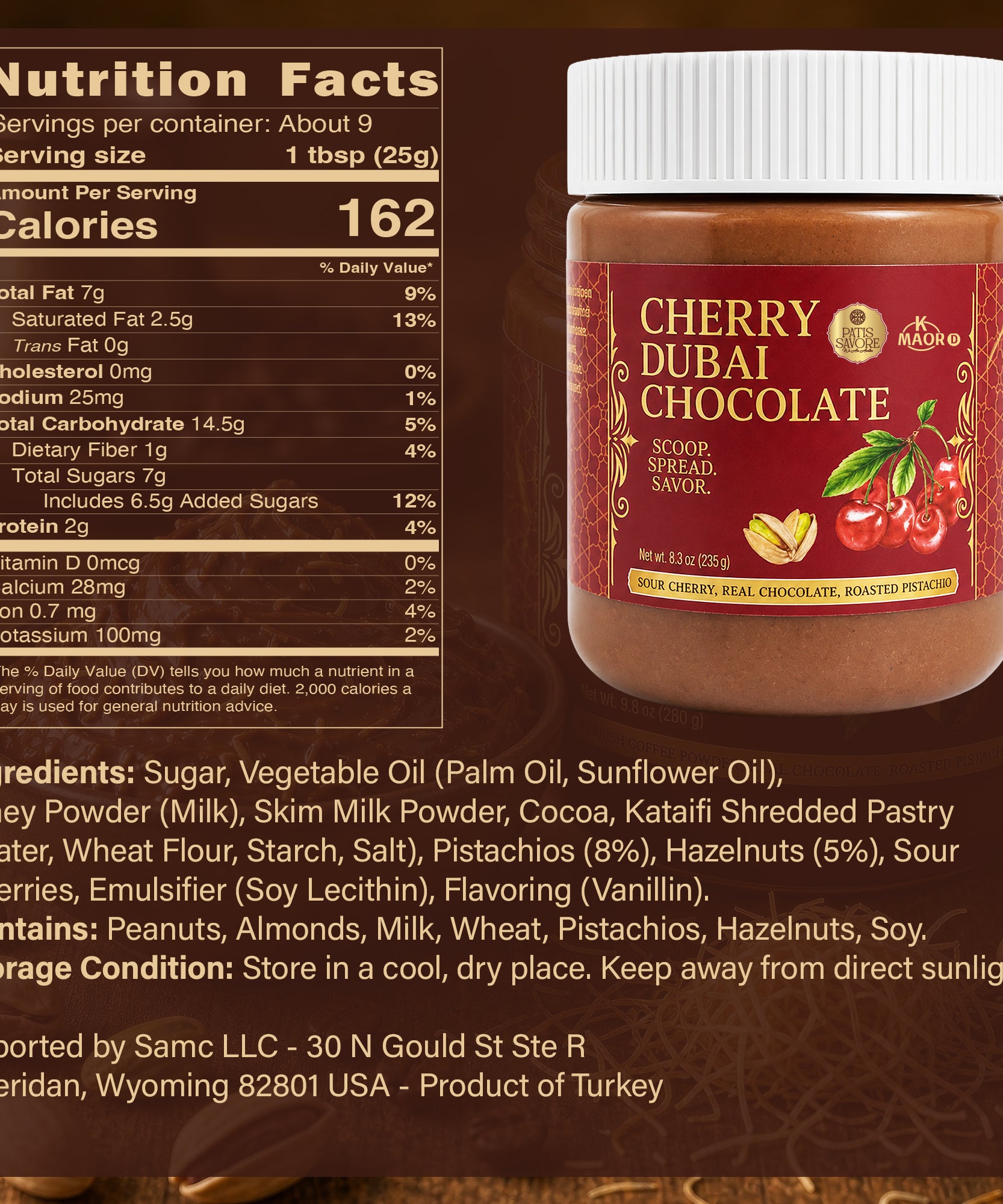 Sour Cherry Dubai Chocolate Spread - Thick Texture 8.3 oz