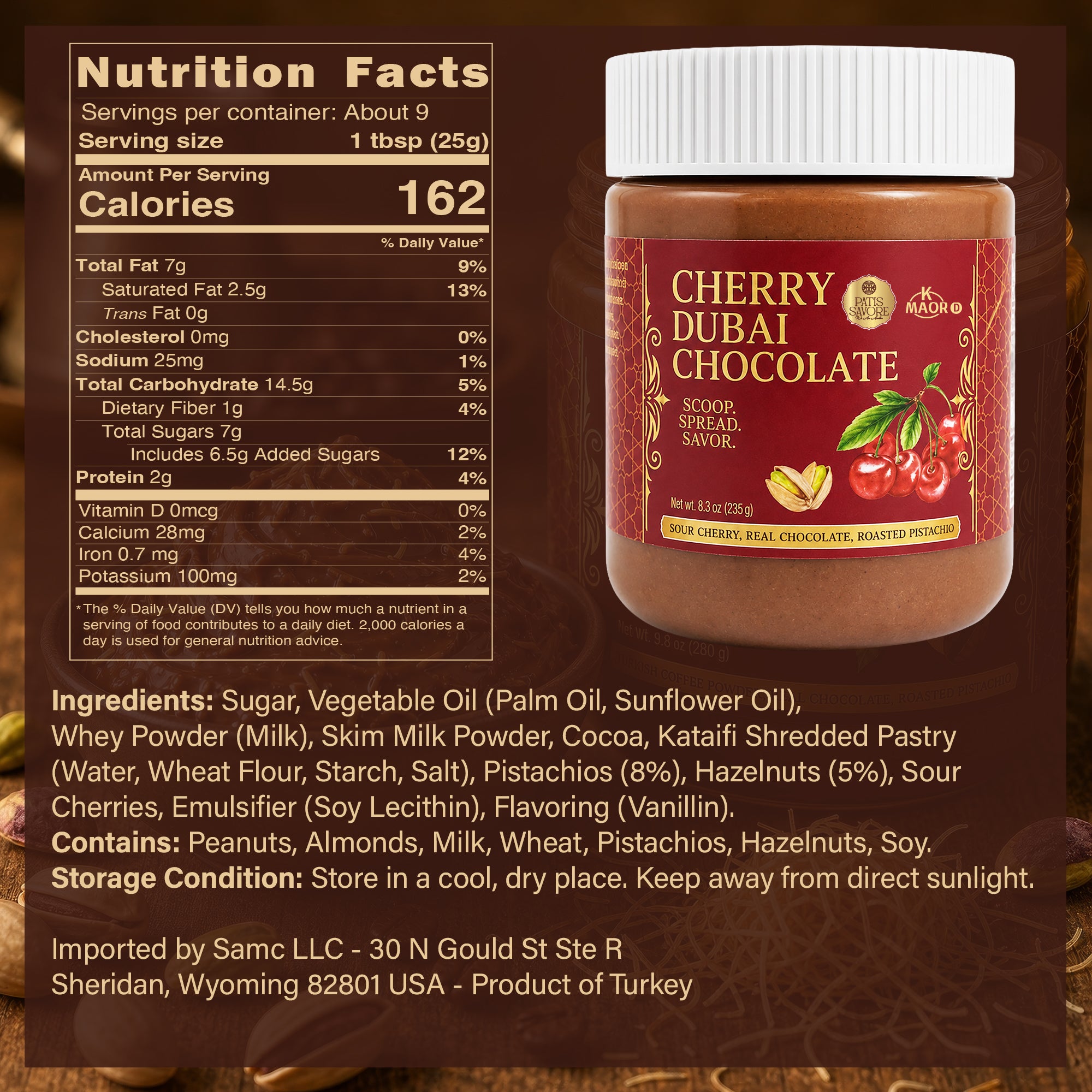 Sour Cherry Dubai Chocolate Spread - Thick Texture 8.3 oz