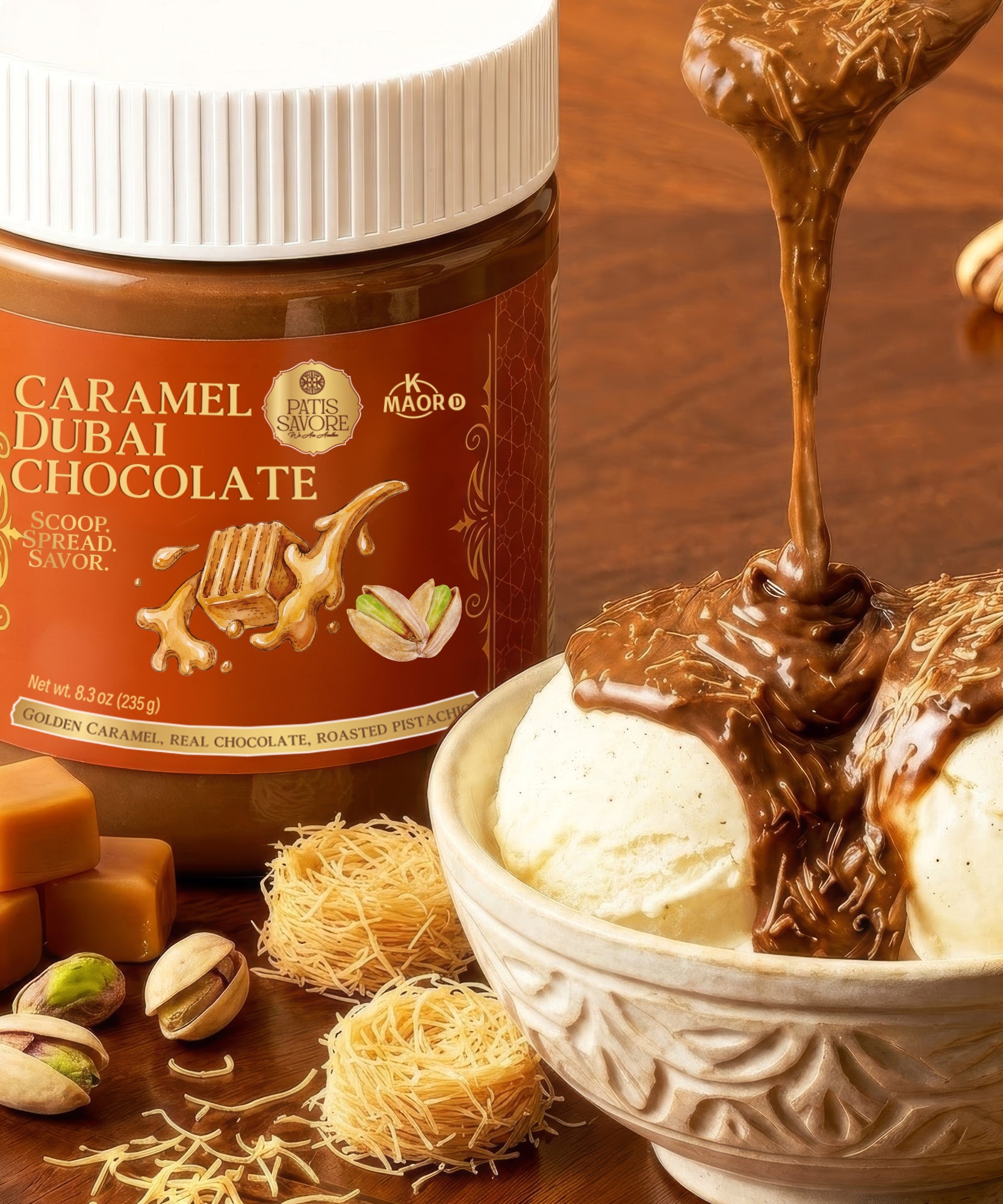 Caramel Dubai Chocolate Pistachio Spread with Crispy Kataifi, 8.3 oz