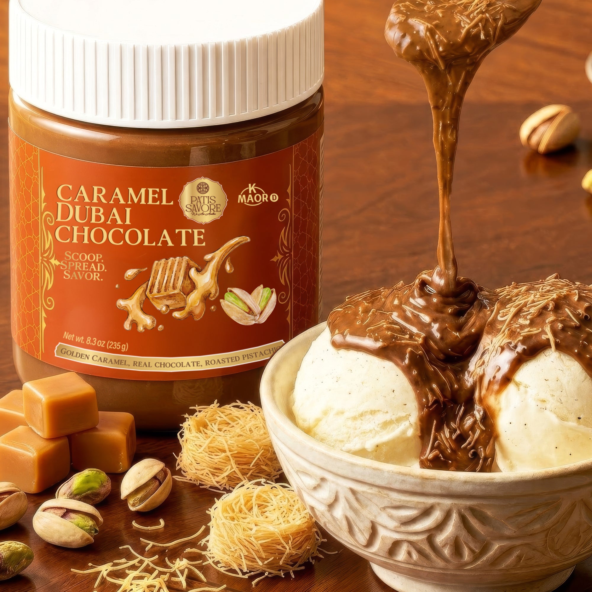 Caramel Dubai Chocolate Pistachio Spread with Crispy Kataifi, 8.3 oz