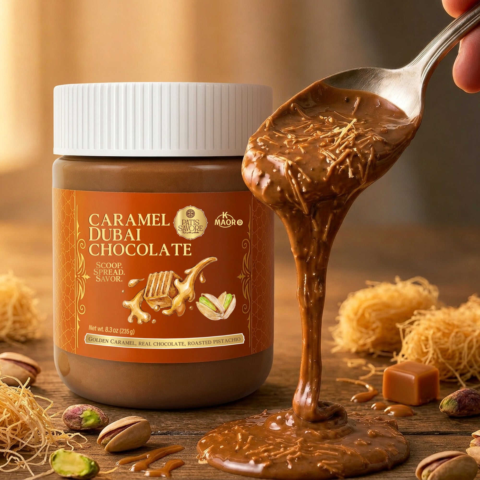 Caramel Dubai Chocolate Pistachio Spread with Crispy Kataifi, 8.3 oz
