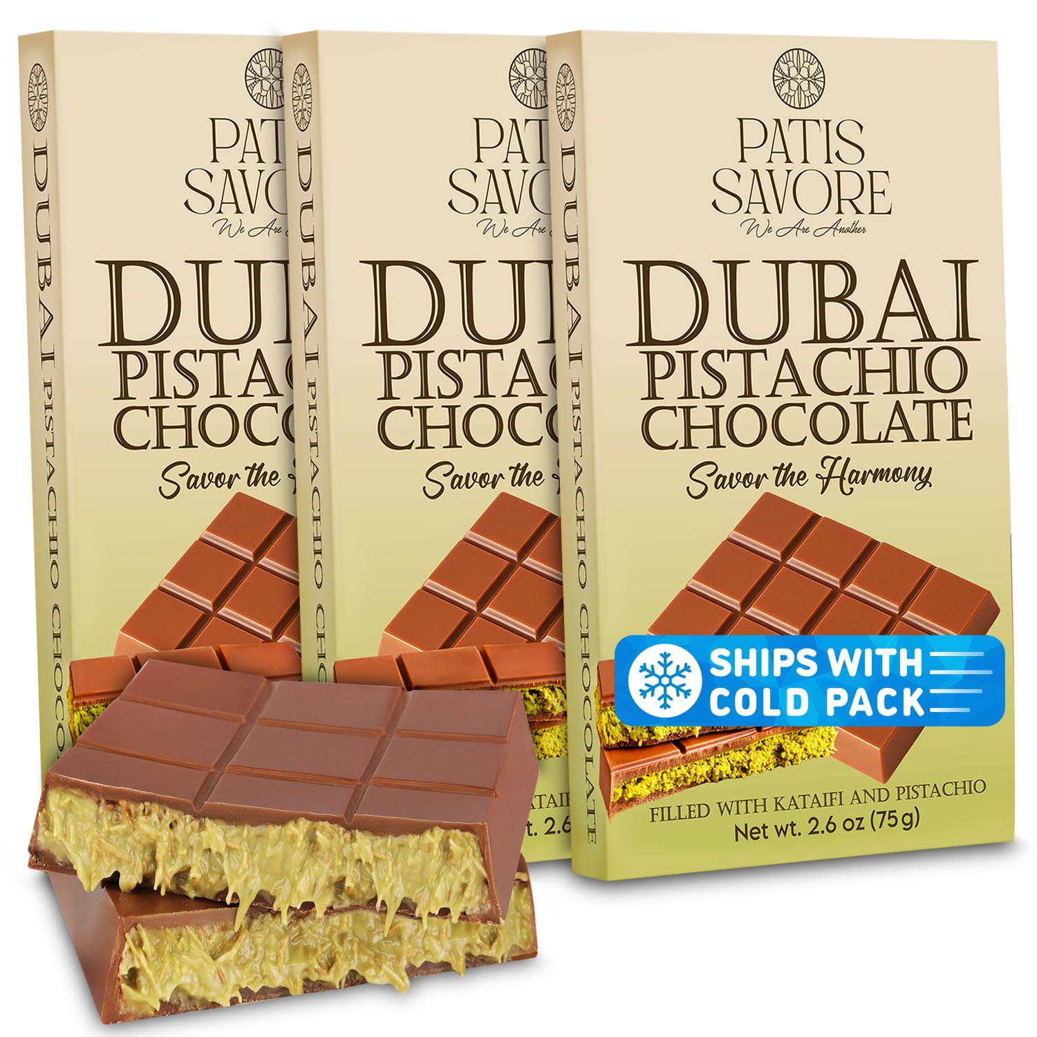 3 Pack Milk Dubai Chocolate with Pistachio Cream & Crispy Kataifi, 2.6 oz Each
