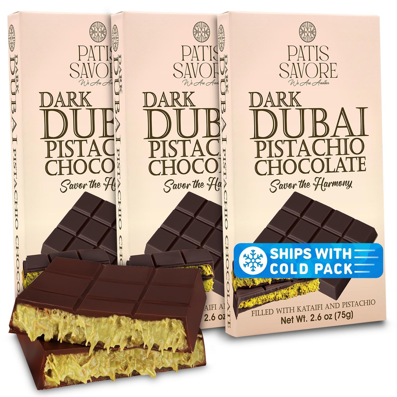 3 Pack Dark Dubai Chocolate with Pistachio Cream & Crispy Kataifi, 2.6 oz Each