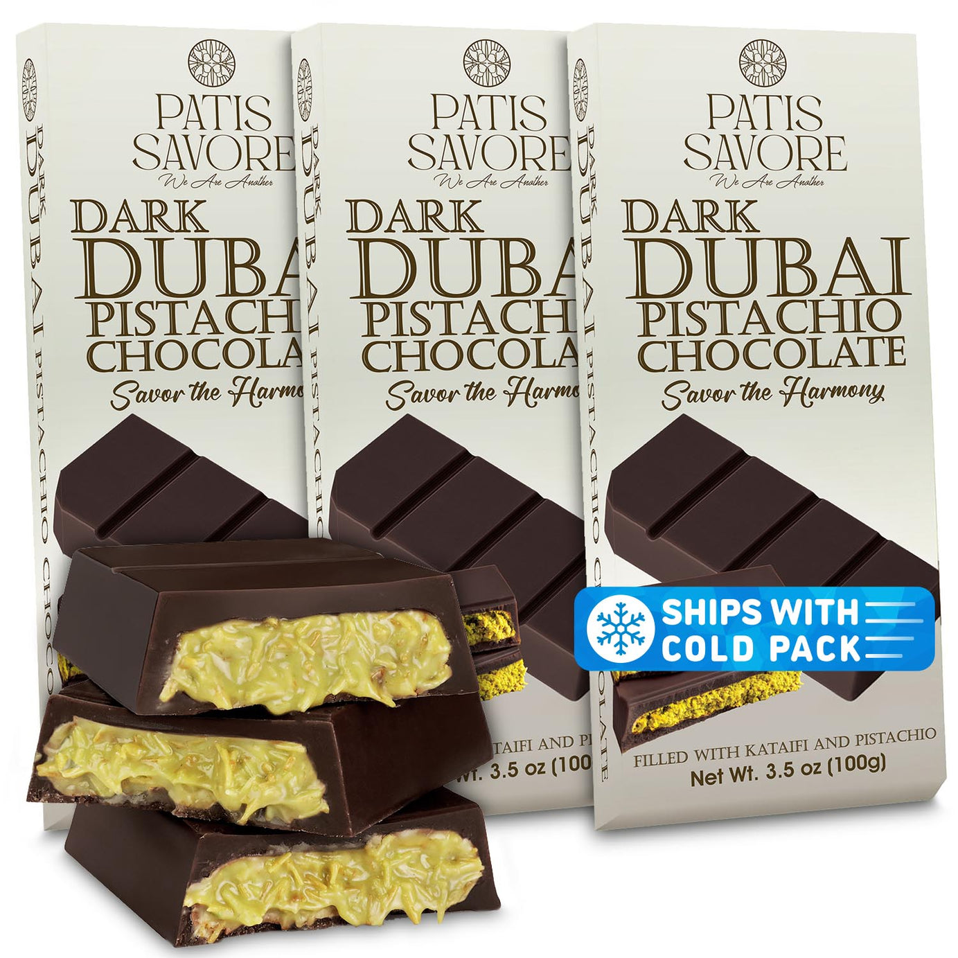 3 Pack Dark Dubai Chocolate with Pistachio Cream & Roasted Kataifi, 3.5 oz Each