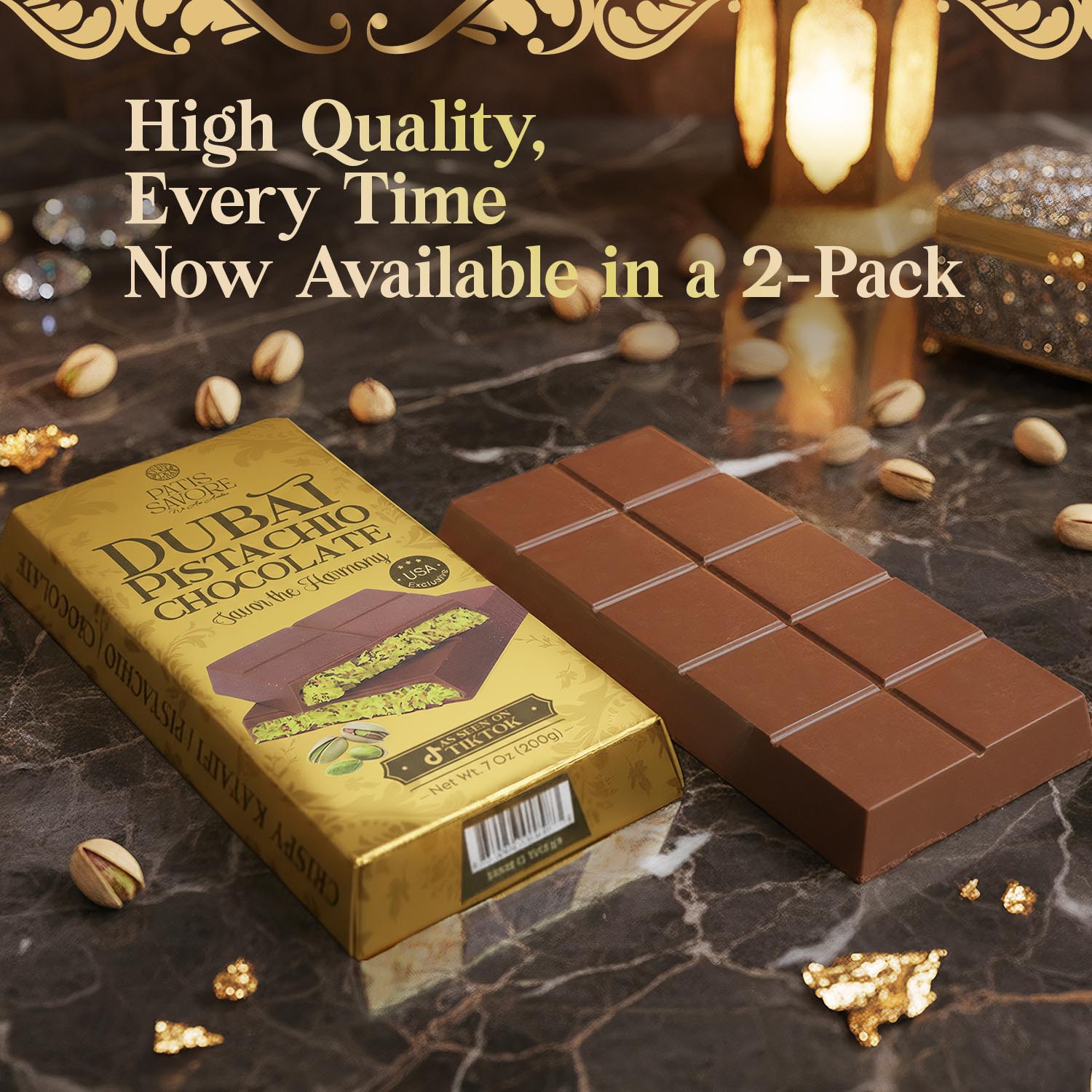 2 Pack Premium Milk Dubai Chocolate - Belgian Chocolate with Pistachio Cream & Crispy Kataifi, 7 oz Each