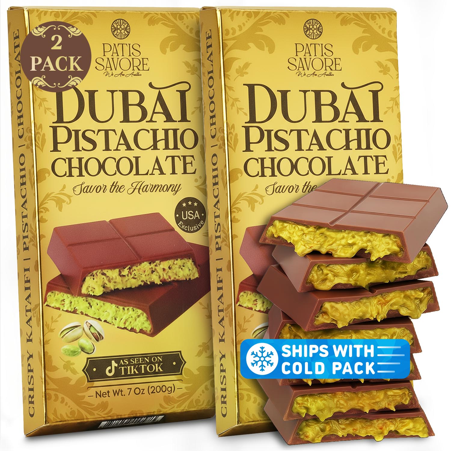 Two boxes of Patis Savore Dubai Pistachio Chocolate shown on a white background, with a stack of broken chocolate bars in front. The packaging is gold with brown and black text, and the chocolate pieces reveal a yellow pistachio filling.