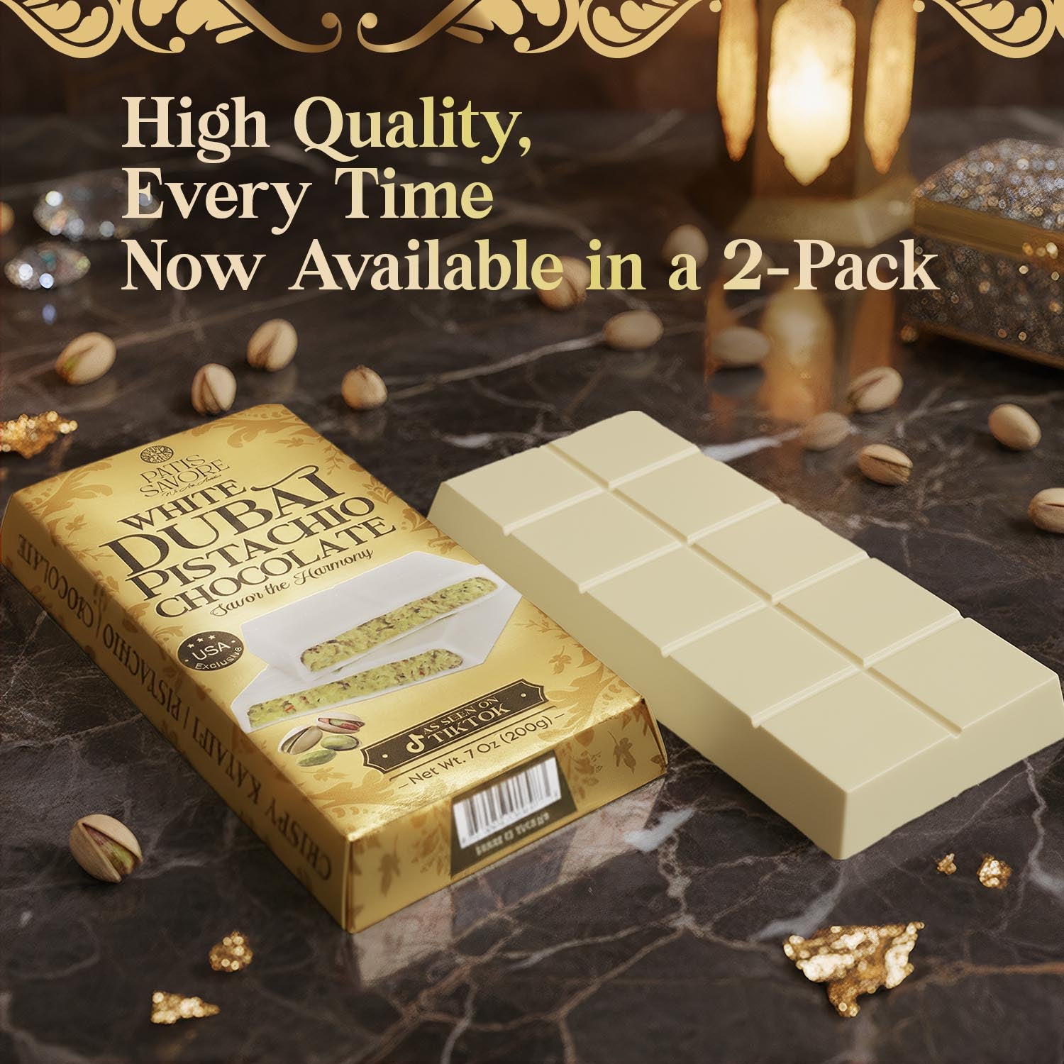 2 Pack Premium White Dubai Chocolate with Pistachio Cream & Crispy Kataifi - 7 oz Each
