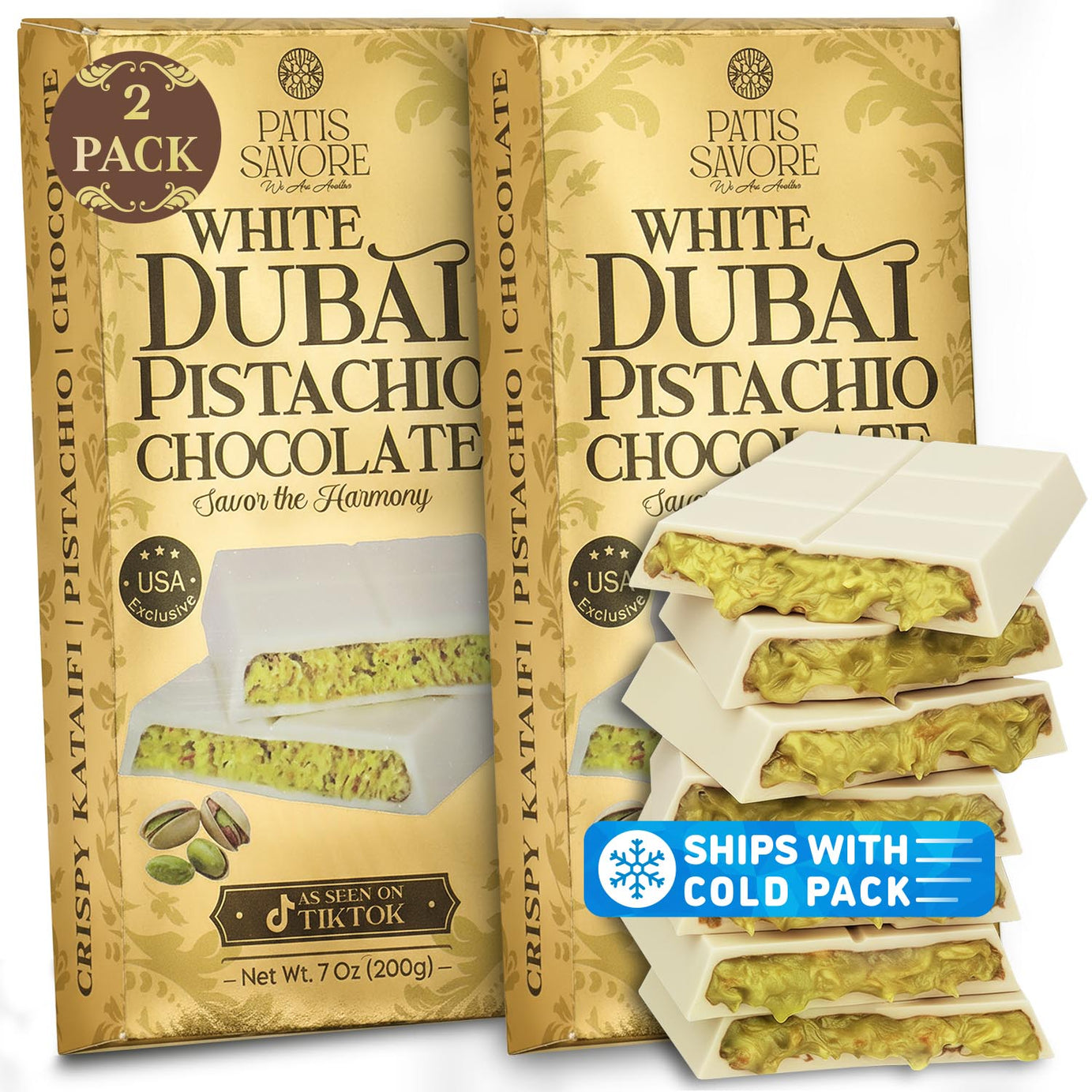 2 Pack Premium White Dubai Chocolate with Pistachio Cream & Crispy Kataifi - 7 oz Each