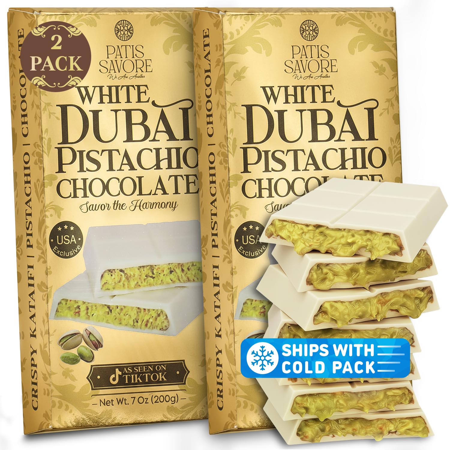 2 Pack Premium White Dubai Chocolate with Pistachio Cream & Crispy Kataifi - 7 oz Each