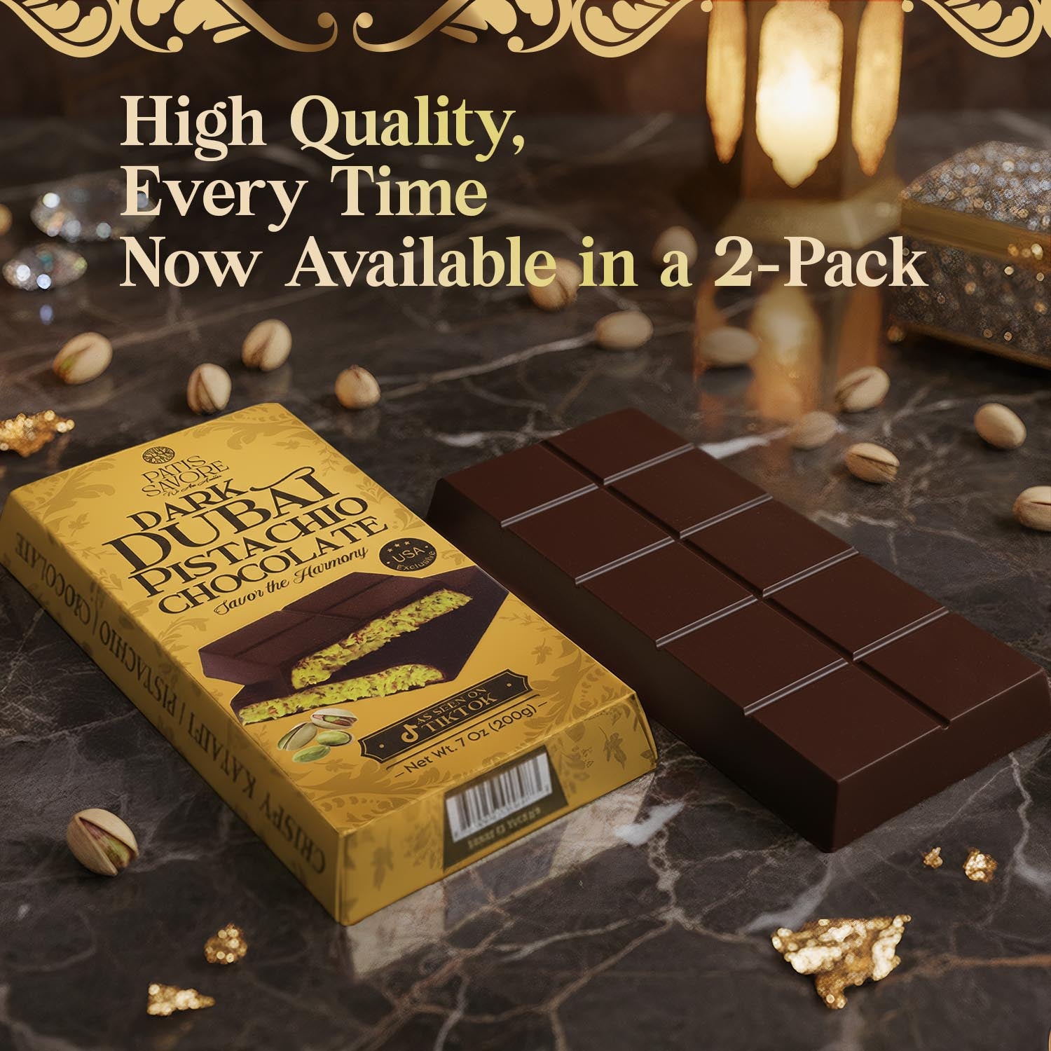 2 Pack Premium Dark Dubai Chocolate - Belgian Chocolate with Pistachio Cream, 7 oz Each