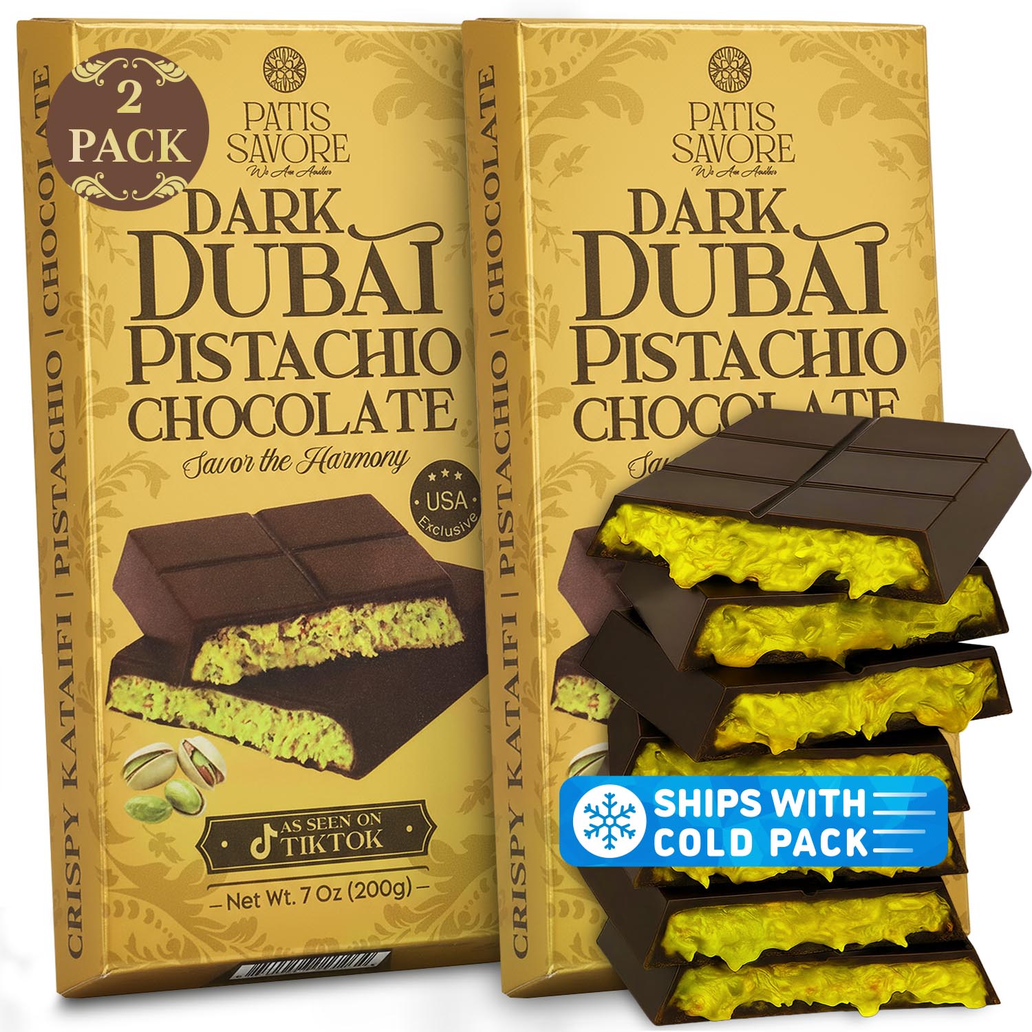 2 Pack Premium Dark Dubai Chocolate - Belgian Chocolate with Pistachio Cream, 7 oz Each