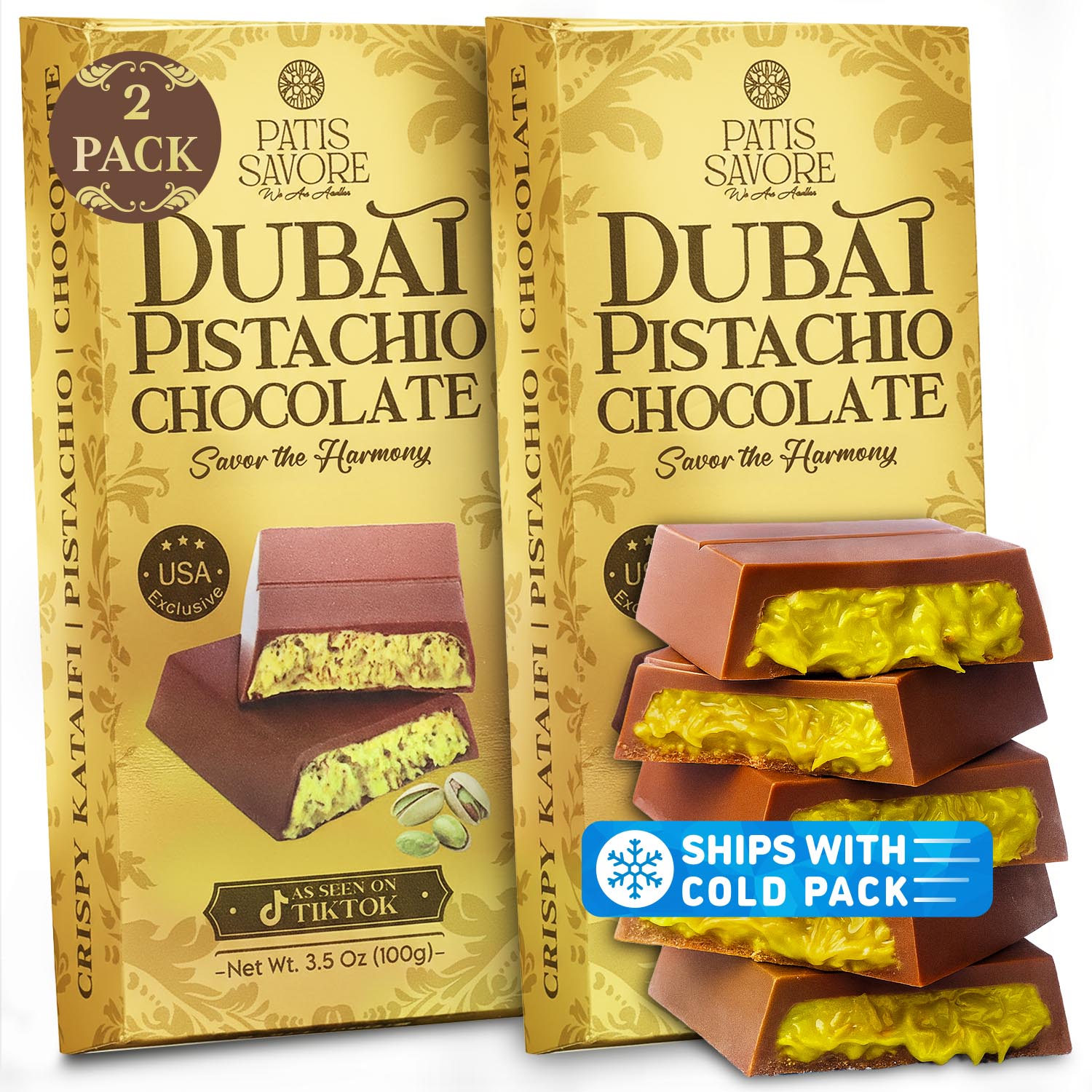 2 Pack Premium Milk Dubai Chocolate with Pistachio Cream & Crispy Kataifi, 3.5 oz Each
