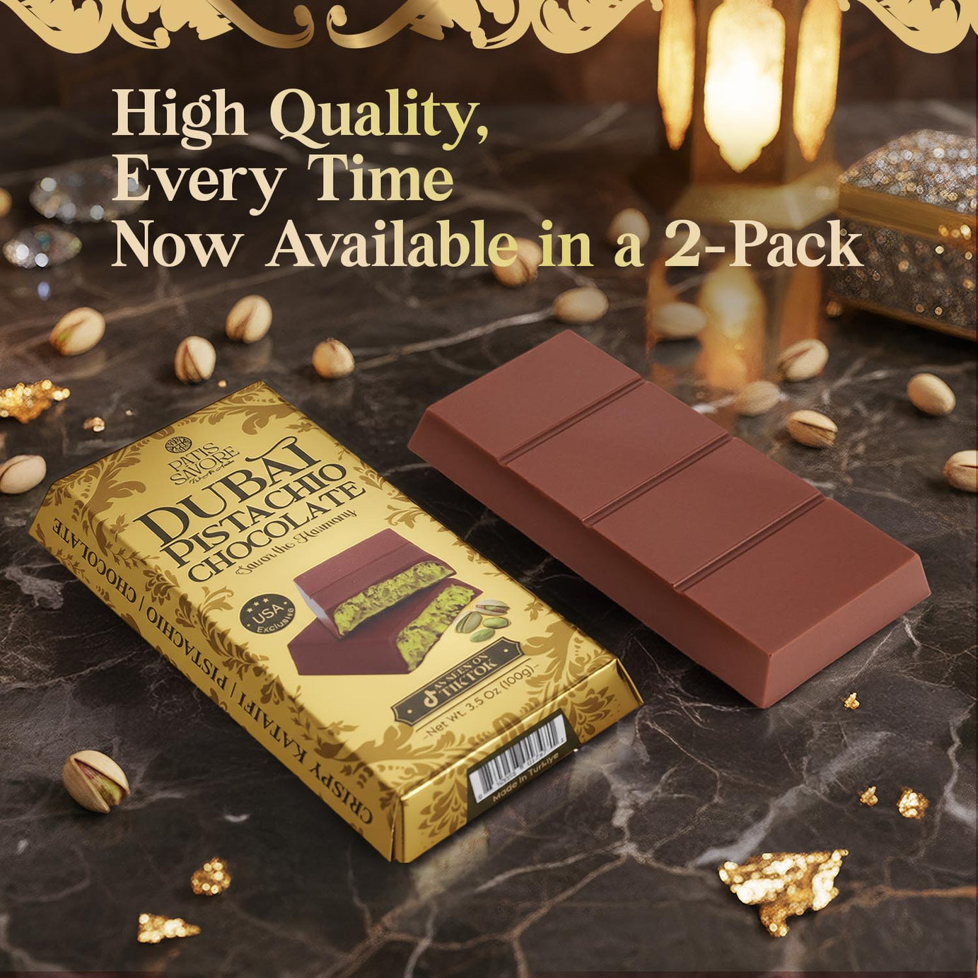 2 Pack Premium Milk Dubai Chocolate with Pistachio Cream & Crispy Kataifi, 3.5 oz Each
