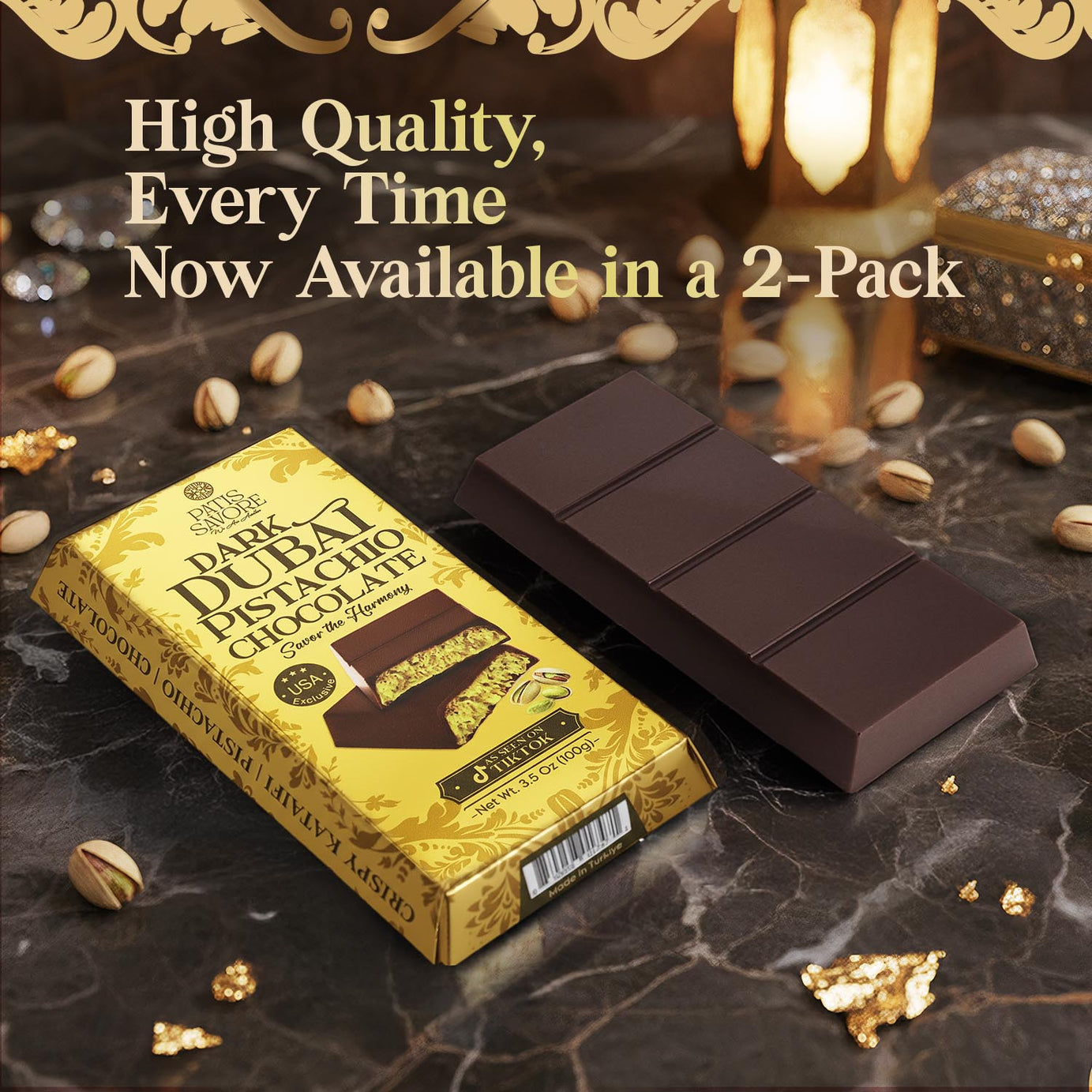 2 Pack Premium Dark Dubai Chocolate with Pistachio Cream & Crispy Kataifi, 3.5 oz Each