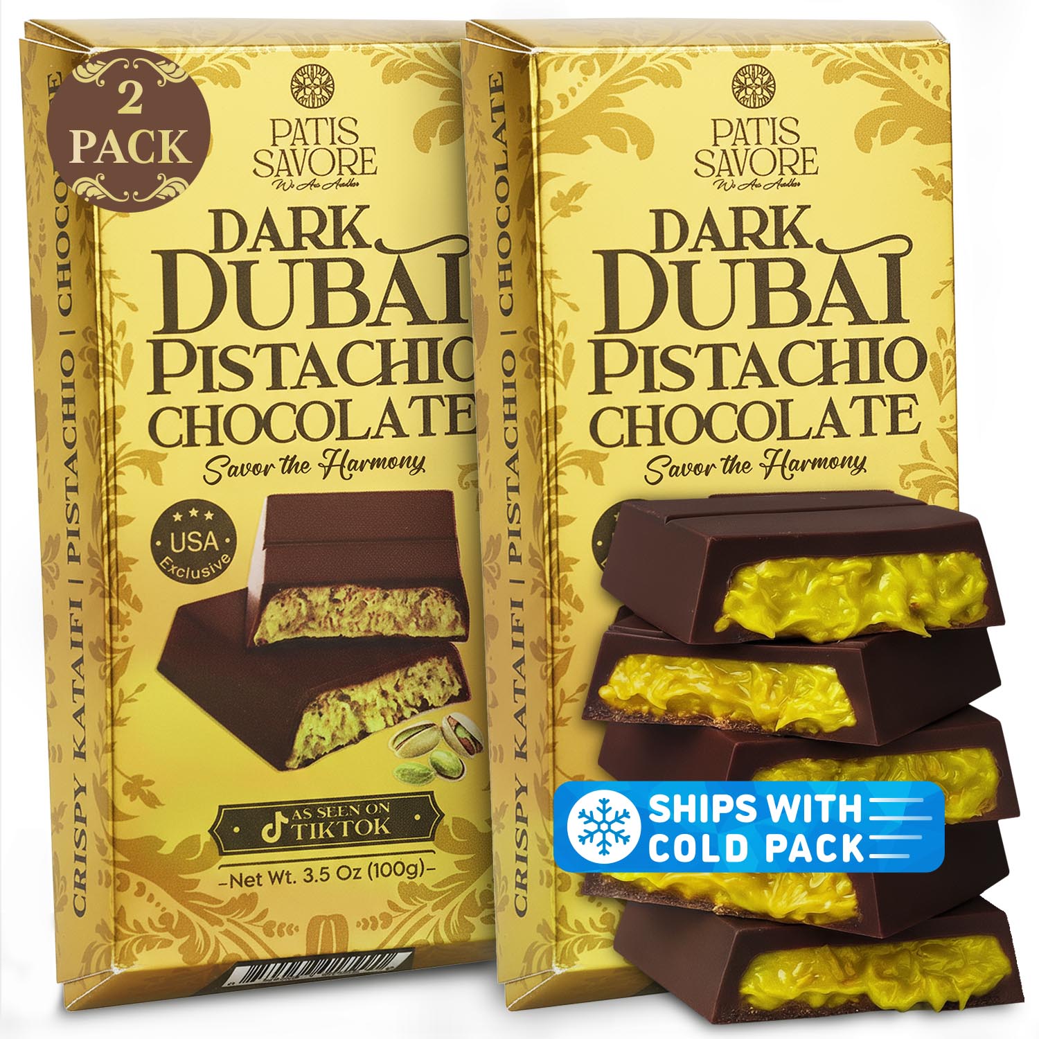 2 Pack Premium Dark Dubai Chocolate with Pistachio Cream & Crispy Kataifi, 3.5 oz Each