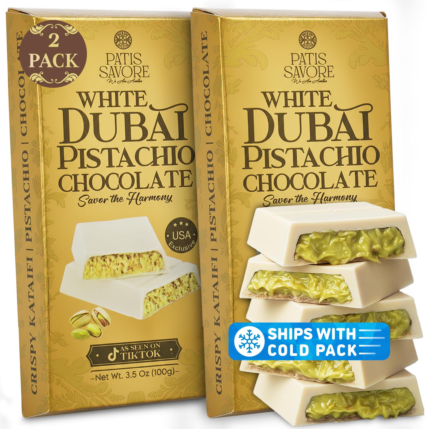 2 Pack Premium White Dubai Chocolate with Pistachio Cream & Crispy Kataifi, 3.5 oz Each