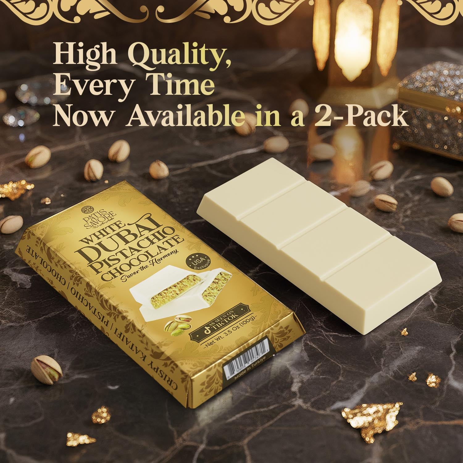 2 Pack Premium White Dubai Chocolate with Pistachio Cream & Crispy Kataifi, 3.5 oz Each
